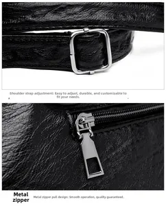 Detail of black lychee grain leather strap with adjustable silver metal buckle and zipper