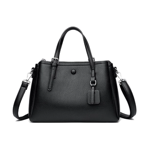 Black litchi grain large capacity tote bag with top handles and adjustable strap