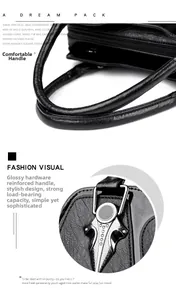 Detail of reinforced black leather handle and polished silver hardware on women's handbag
