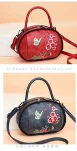 Detailed embroidery of plum blossoms and butterflies on vintage style faux leather bags