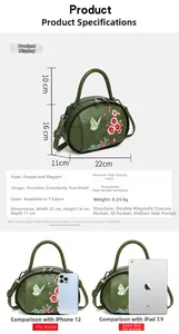 Detailed size guide of green vintage embroidery handbag with iPad and iPhone scale reference
