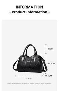 Front view of black pebbled leather handbag with size dimensions and kangaroo logo