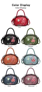 Detail view of colorful vintage floral embroidery on classic top handle bags in seven colors
