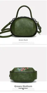Detailed back and bottom views of a dark green handbag with floral embroidery on leather