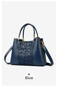 Detail of navy blue handbag with floral texture embossing and golden metal hardware