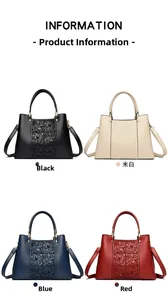 Detailed grid of four floral embossed handbags in black, beige, blue, and red colors