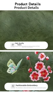 Close-up of dark green faux leather texture and elegant floral butterfly embroidery