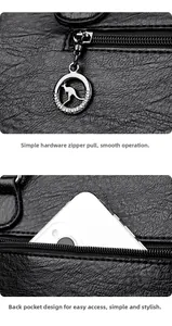 Detail of lychee pattern leather bag showing metal kangaroo zipper and rear phone pocket