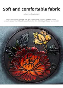 Close-up of colorful floral embossed patterns on turquoise leather vintage handbag