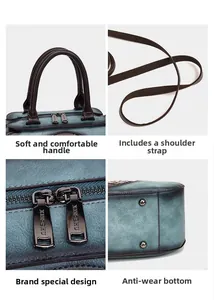 Detailed view of the vintage cylinder bag with double handles, zipper, and metal feet