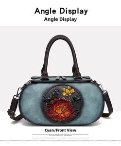 Close-up of cyan leather handbag with detailed 3D floral peony embroidery and dual handles