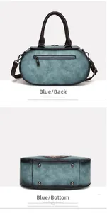 Detail of teal retro cylinder bag showing the back zip pocket and metal base studs