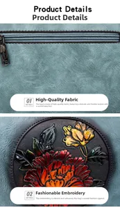 Close-up of blue cylindrical handbag featuring premium textured fabric and floral embroidery