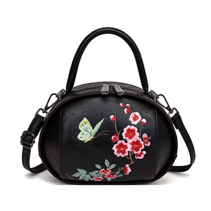 Vintage Chinese Style Embroidered Flower Butterfly PU Leather Handbag Women Oval Crossbody Bag Party Daily Top Handle Bag