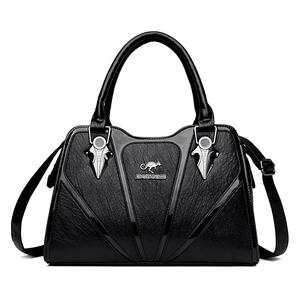 Large black faux leather tote bag with kangaroo logo and detachable shoulder strap