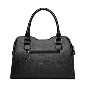 Black large capacity faux leather tote bag with lychee texture and back zipper pocket