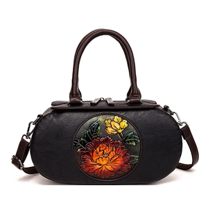 Vintage PU Leather Boston Handbag For Women 3D Embossed Peony Flower Top Handle Bag With Detachable Shoulder Strap Ethnic Style Satchel