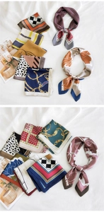 Détail de foulards en soie aux motifs floraux et géométriques disposés avec élégance