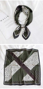 Détail du motif léopard et des rayures diagonales sur un foulard carré en soie chic