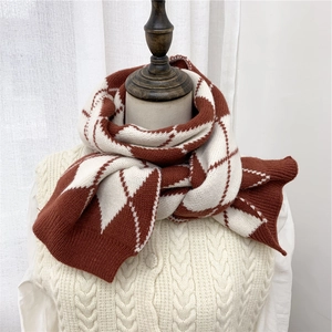 Sciarpa in maglia a rombi rosso mattone e beige, caldo scialle invernale double-face donna