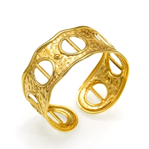 Modern hammered 18k gold plated stainless steel hollow cuff bracelet with cut-out design