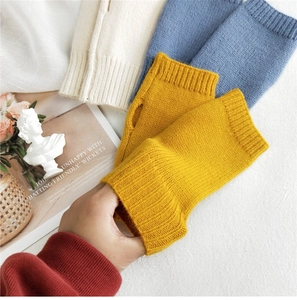 Detail of soft knitted fingerless gloves showing elastic ribbed cuffs and thumb openings