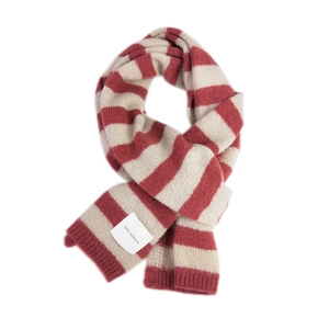 Winter striped knit scarf for women with red and white patterns and warm fluffy texture