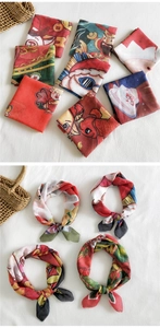 Detail showing the festive cotton linen square scarf with traditional patterns and styling