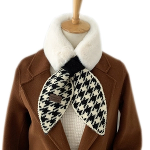 Winter houndstooth faux fur cross scarf for women with warm plush knit material