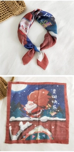 Detailed Christmas silk scarf with Santa Claus illustration and festive red border