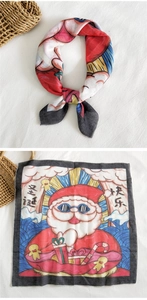 Detailed Christmas themed cotton linen square scarf with Santa Claus and gift patterns