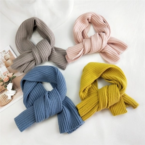 Striped rib-knit thick warm scarves in four colors for winter outfits on a white base