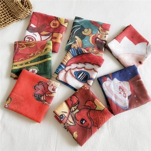 Square Scarf Cotton Linen Festive Print Christmas Santa Chinese Zodiac Ox Pattern Bandana Women Decorative Handkerchief