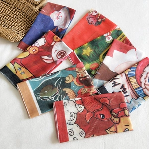 Traditional linen-cotton festive square scarves featuring koi and holiday patterns