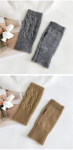 Macro detail of knit fingerless gloves showing cable stitch texture and thumb hole