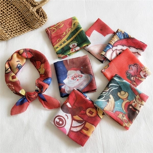 Festive red cotton-linen small square scarves with Christmas and Chinese New Year patterns