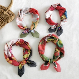 Festive red cotton linen square scarves with colorful artistic prints and cartoon patterns