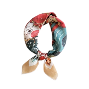 Artistic red and teal floral print silk scarf with traditional Chinese pattern motifs