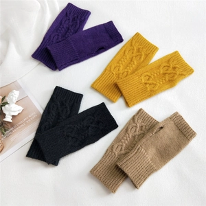 Women cable knit fingerless gloves in purple, ginger, black, and camel winter warmers