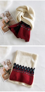 Close-up of thick knitted scarf featuring vintage color block wave patterns in red and navy