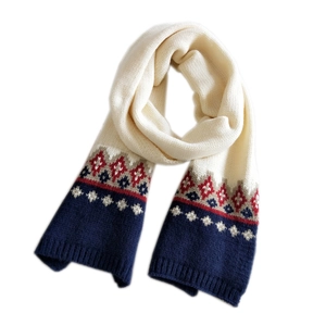 Thick Fair Isle knit winter scarf with cream and navy block color-block design