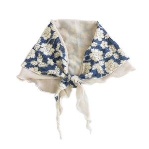 Elegant white lace floral cotton linen scarf for women with blue pattern details
