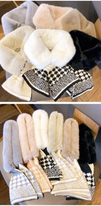 Detail of plush faux fur scarf with houndstooth knitted pattern in various soft colors