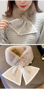 Detail of beige knit scarf with faux fur collar and geometric patterns for winter warmth