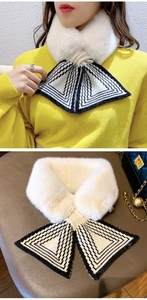 Detail of soft faux fur neck warmer with a knitted black and white geometric bow accent