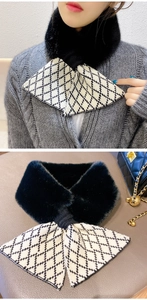 Detail of winter cross scarf featuring plush faux fur collar and knitted diamond pattern
