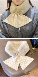 Detail of cross-knot winter scarf with plush faux fur and beige argyle knit pattern
