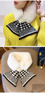 Detail of cross-style knit scarf with white faux fur and houndstooth pattern texture