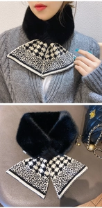Close-up of winter scarf with black faux fur collar and houndstooth knit pattern