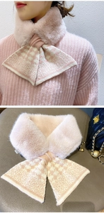 Close-up of pink faux fur scarf featuring a knit houndstooth bow tie and soft texture